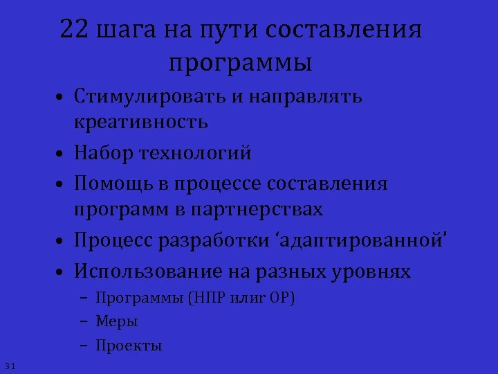 22 шага на пути составления программы • Стимулировать и направлять креативность • Набор технологий