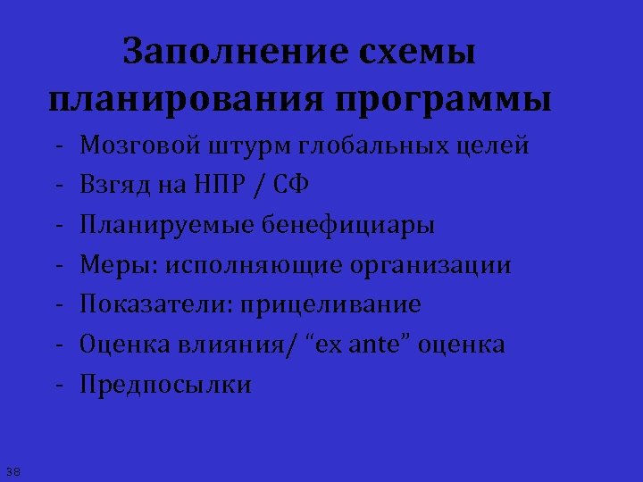 Заполнение схемы планирования программы 38 Мозговой штурм глобальных целей Взгяд на НПР / СФ