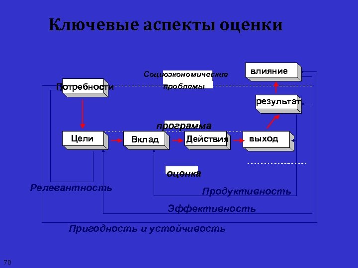 Ключевые аспекты оценки Социоэкономические влияние проблемы Потребности результат программа Цели Вклад Действия выход оценка