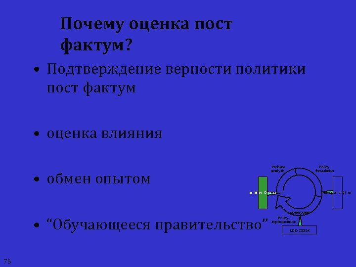 Почему оценка пост фактум? • Подтверждение верности политики пост фактум • оценка влияния Problem