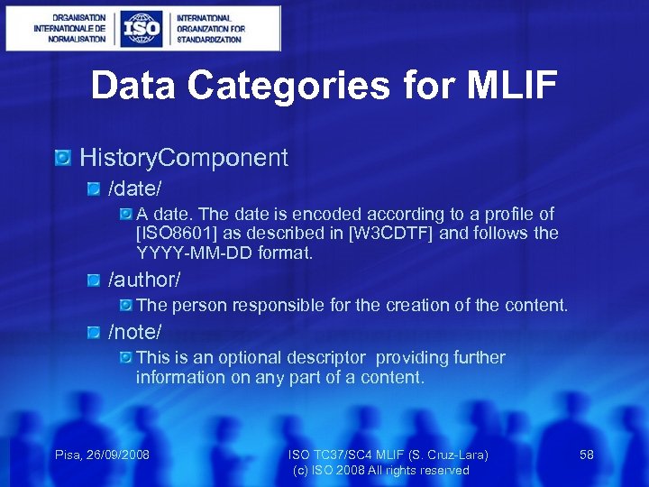 Data Categories for MLIF History. Component /date/ A date. The date is encoded according