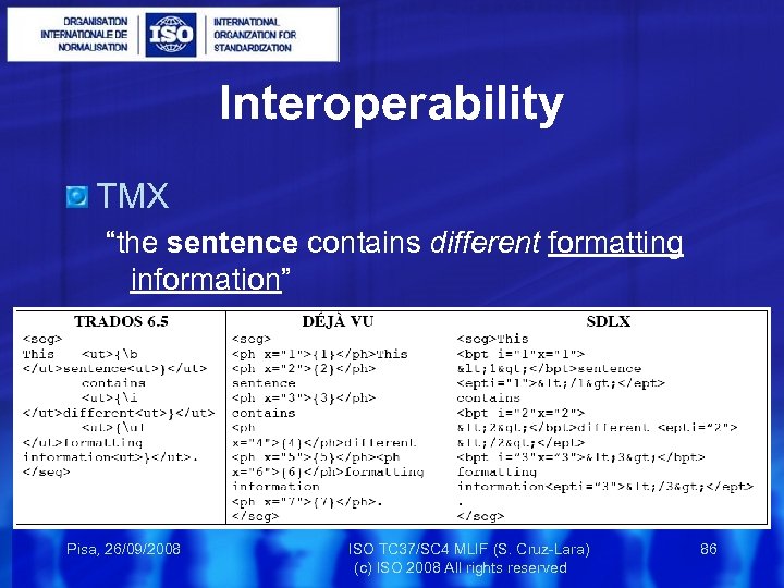 Interoperability TMX “the sentence contains different formatting information” Pisa, 26/09/2008 ISO TC 37/SC 4