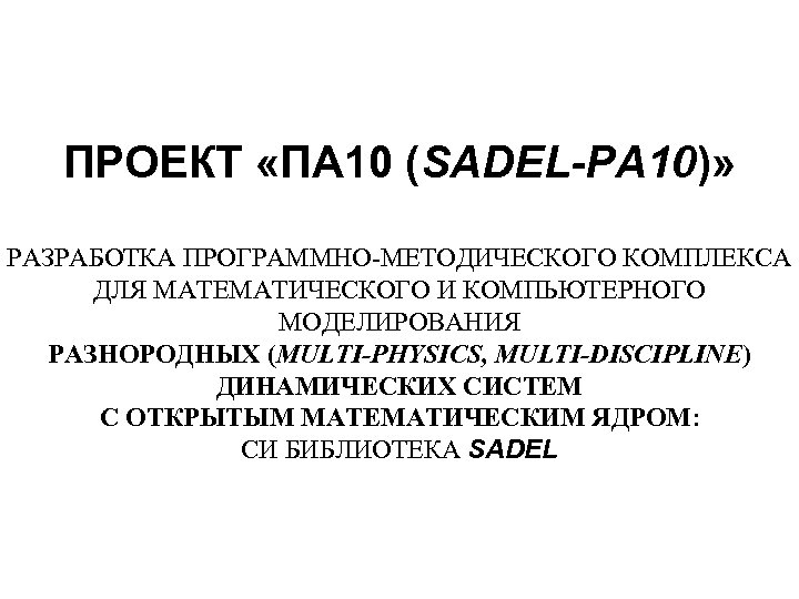 ПРОЕКТ «ПА 10 (SADEL-PA 10)» РАЗРАБОТКА ПРОГРАММНО-МЕТОДИЧЕСКОГО КОМПЛЕКСА ДЛЯ МАТЕМАТИЧЕСКОГО И КОМПЬЮТЕРНОГО МОДЕЛИРОВАНИЯ РАЗНОРОДНЫХ
