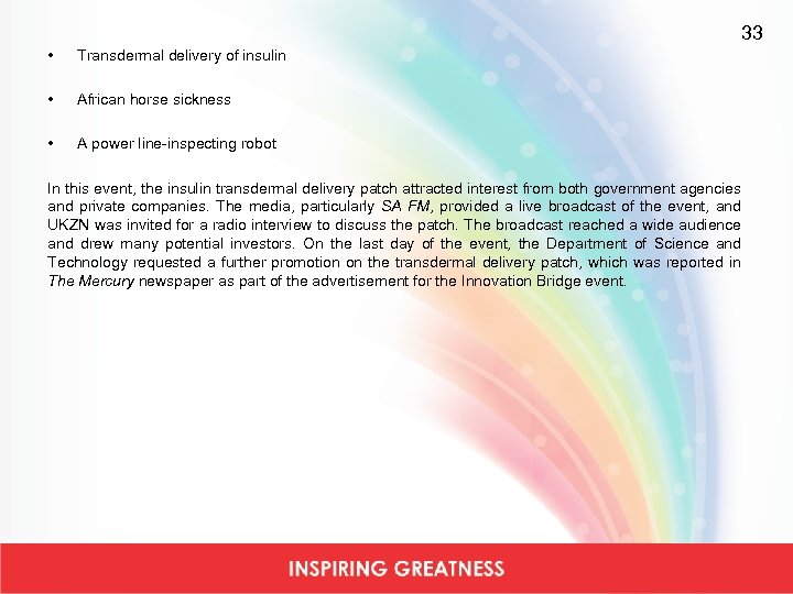 33 • Transdermal delivery of insulin • African horse sickness • A power line-inspecting