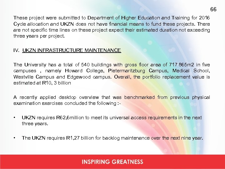 66 These project were submitted to Department of Higher Education and Training for 2016