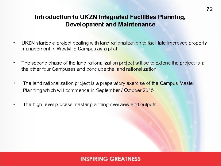 72 Introduction to UKZN Integrated Facilities Planning, Development and Maintenance • UKZN started a