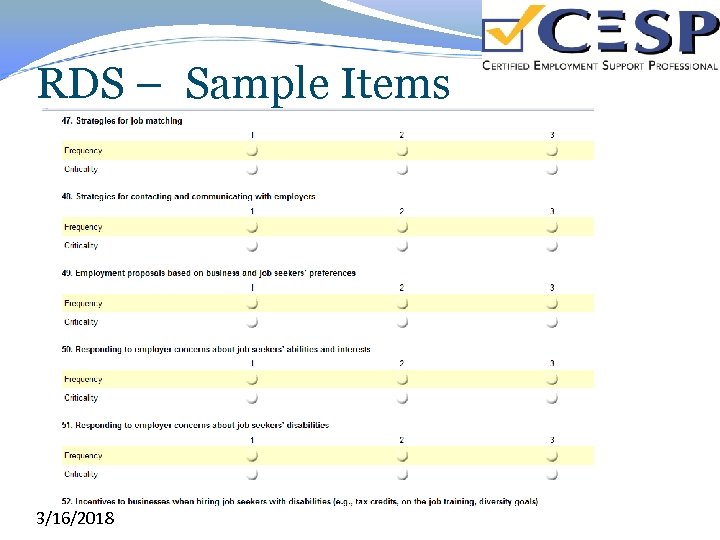 RDS – Sample Items 3/16/2018 