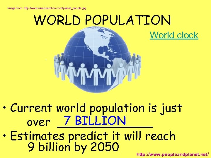 Image from: http: //www. sleepbamboo. com/planet_people. jpg WORLD POPULATION World clock • Current world