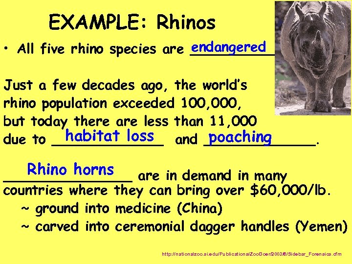 EXAMPLE: Rhinos endangered • All five rhino species are ______ Just a few decades