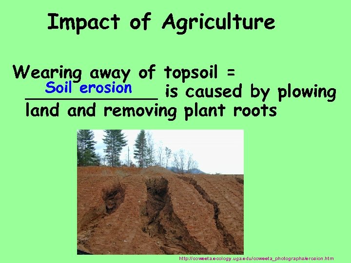 Impact of Agriculture Wearing away of topsoil = Soil erosion ______ is caused by
