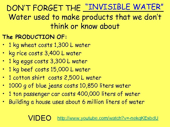“INVISIBLE WATER” DON’T FORGET THE _________ Water used to make products that we don’t