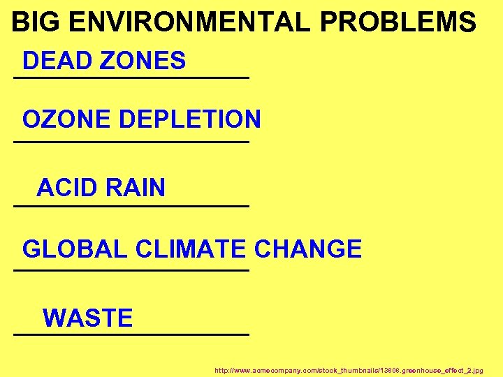 BIG ENVIRONMENTAL PROBLEMS DEAD ZONES __________ OZONE DEPLETION __________ ACID RAIN __________ GLOBAL CLIMATE