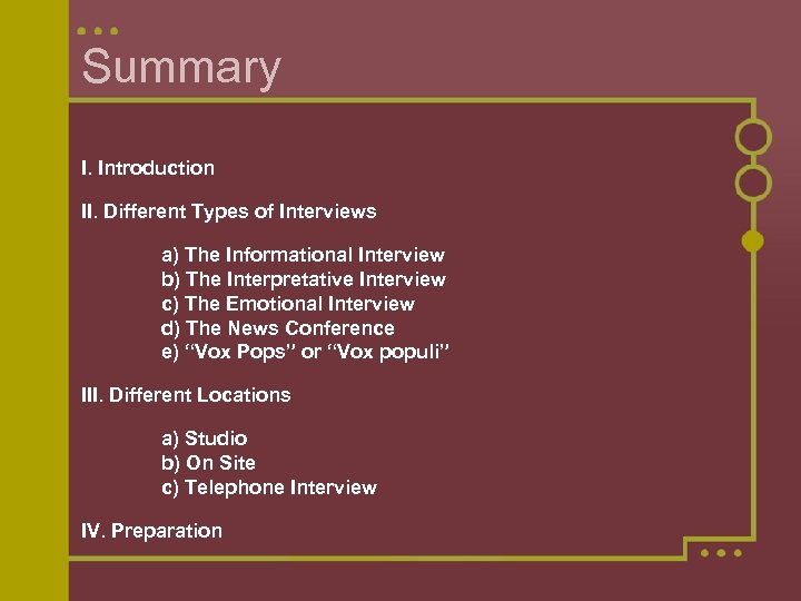 Summary I. Introduction II. Different Types of Interviews a) The Informational Interview b) The