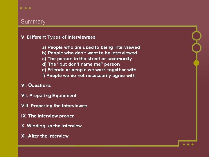 Summary V. Different Types of Interviewees a) People who are used to being interviewed