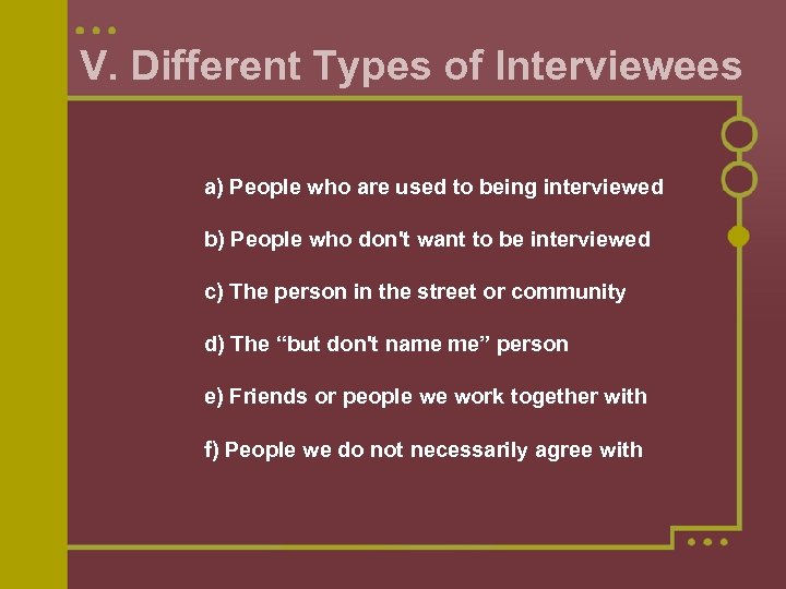 V. Different Types of Interviewees a) People who are used to being interviewed b)