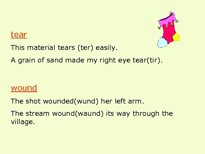 tear This material tears (ter) easily. A grain of sand made my right eye