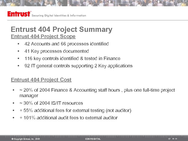 Entrust 404 Project Summary Entrust 404 Project Scope • 42 Accounts and 66 processes