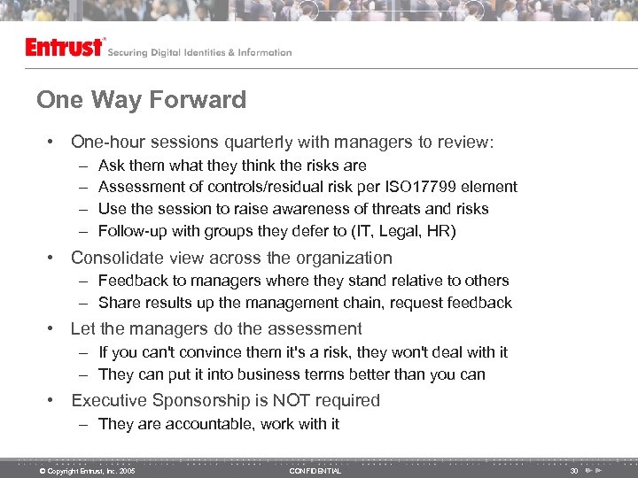 One Way Forward • One-hour sessions quarterly with managers to review: – – Ask