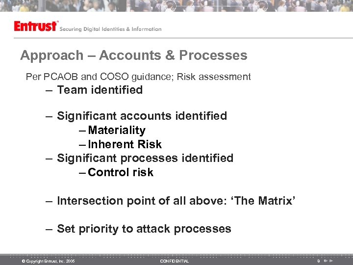 Approach – Accounts & Processes Per PCAOB and COSO guidance; Risk assessment – Team