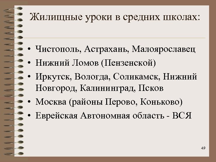 Жилищные уроки в средних школах: • Чистополь, Астрахань, Малоярославец • Нижний Ломов (Пензенской) •