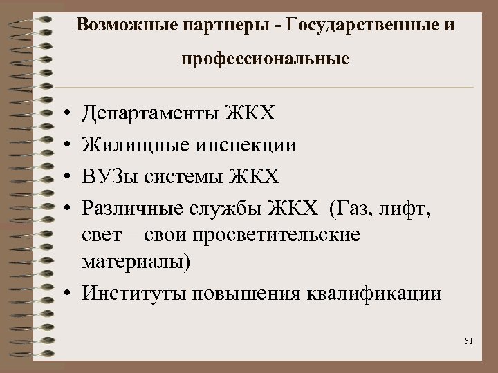 Возможные партнеры - Государственные и профессиональные • • Департаменты ЖКХ Жилищные инспекции ВУЗы системы