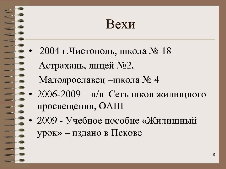 Вехи • 2004 г. Чистополь, школа № 18 Астрахань, лицей № 2, Малоярославец –школа