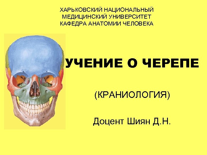 ХАРЬКОВСКИЙ НАЦИОНАЛЬНЫЙ МЕДИЦИНСКИЙ УНИВЕРСИТЕТ КАФЕДРА АНАТОМИИ ЧЕЛОВЕКА УЧЕНИЕ О ЧЕРЕПЕ (КРАНИОЛОГИЯ) Доцент Шиян Д.