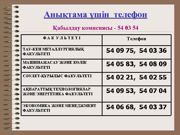 Анықтама үшін телефон Қабылдау комисиясы - 54 03 54 ФАК УЛЬТЕТІ Телефон ТАУ-КЕН МЕТАЛЛУРГИЯЛЫҚ