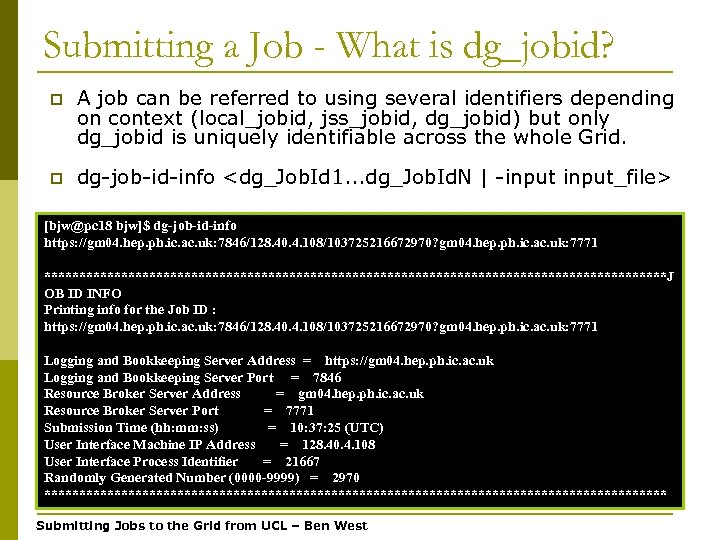 Submitting a Job - What is dg_jobid? p A job can be referred to