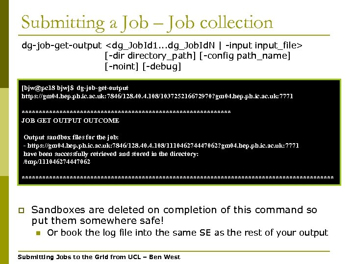 Submitting a Job – Job collection dg-job-get-output <dg_Job. Id 1. . . dg_Job. Id.