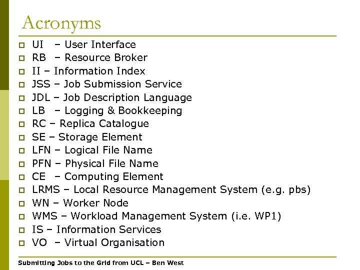 Acronyms p p p p UI – User Interface RB – Resource Broker II