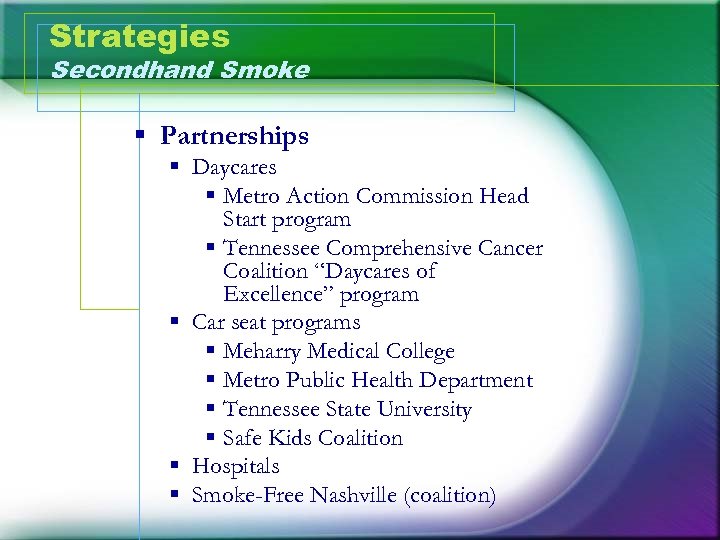 Strategies Secondhand Smoke § Partnerships § Daycares § Metro Action Commission Head Start program