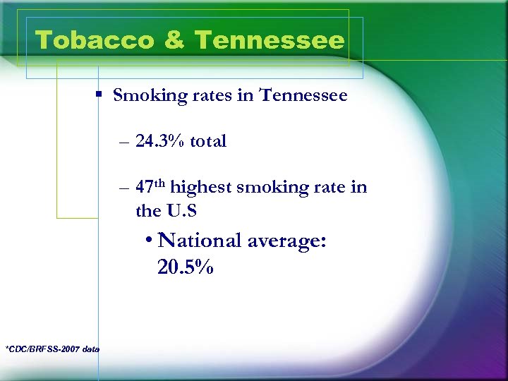 Tobacco & Tennessee § Smoking rates in Tennessee – 24. 3% total – 47