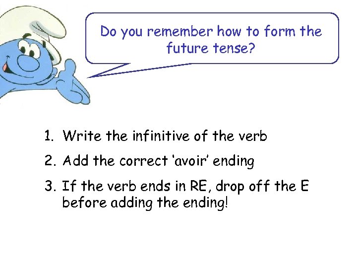 Do you remember how to form the future tense? 1. Write the infinitive of