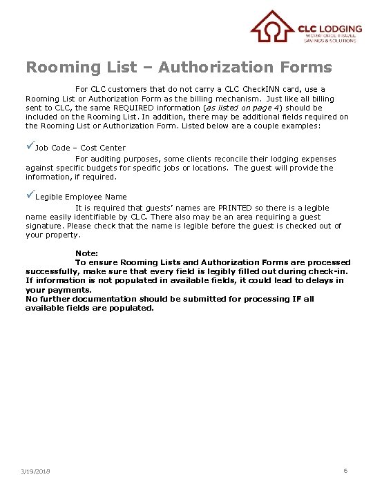 Rooming List – Authorization Forms For CLC customers that do not carry a CLC