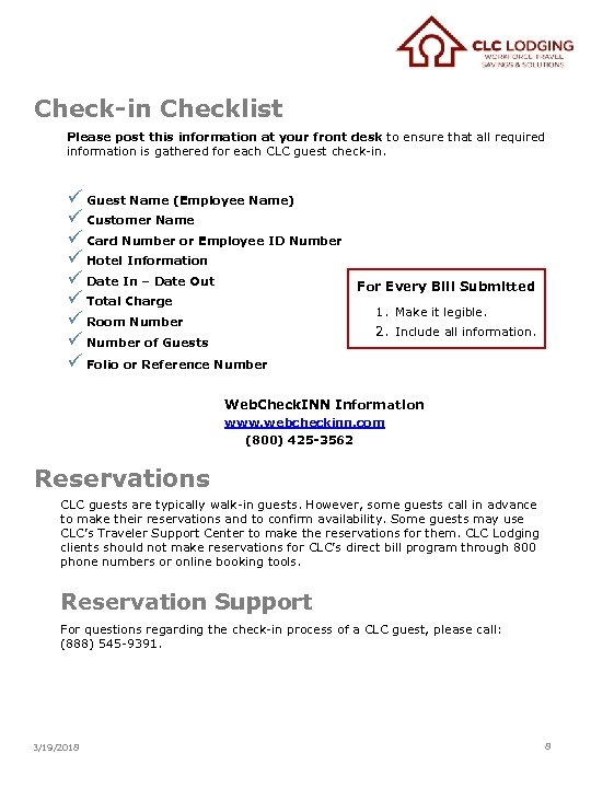 Check-in Checklist Please post this information at your front desk to ensure that all