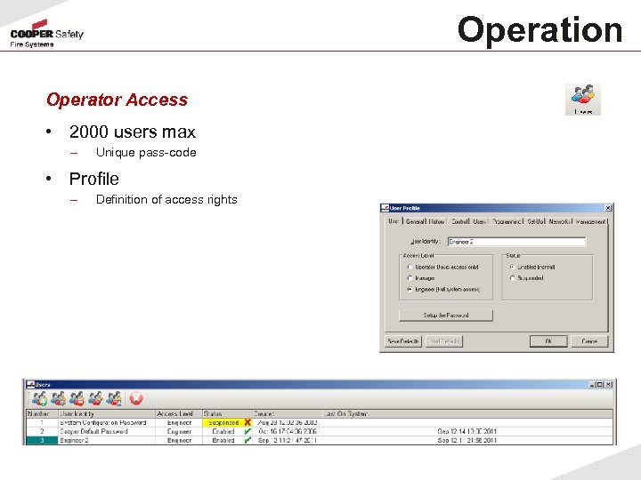 Operation Operator Access • 2000 users max – Unique pass-code • Profile – Definition