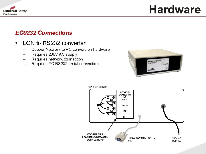 Hardware EC 0232 Connections • LON to RS 232 converter – – Cooper Network