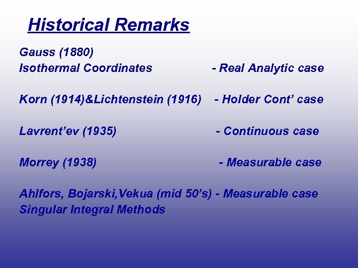 Historical Remarks Gauss (1880) Isothermal Coordinates - Real Analytic case Korn (1914)&Lichtenstein (1916) -