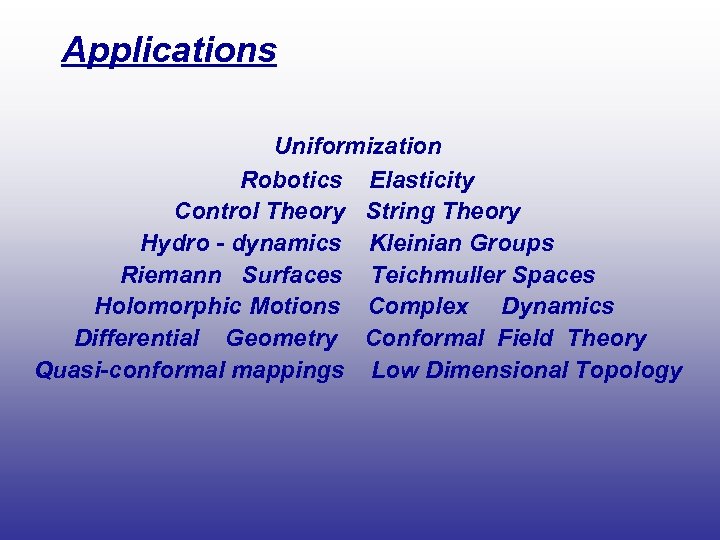 Applications Uniformization Robotics Elasticity Control Theory String Theory Hydro - dynamics Kleinian Groups Riemann