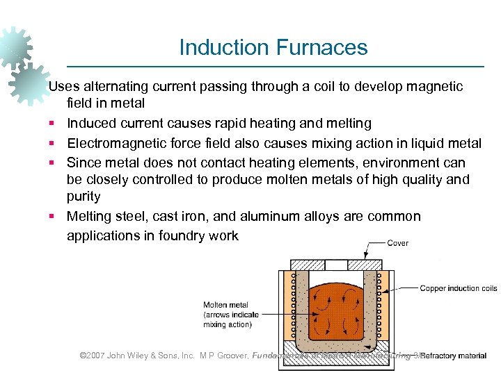 Induction Furnaces Uses alternating current passing through a coil to develop magnetic field in