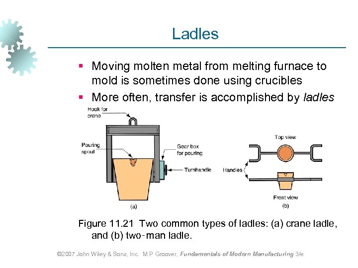 Ladles § Moving molten metal from melting furnace to mold is sometimes done using