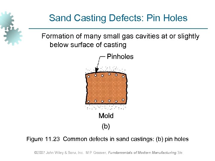 Sand Casting Defects: Pin Holes Formation of many small gas cavities at or slightly