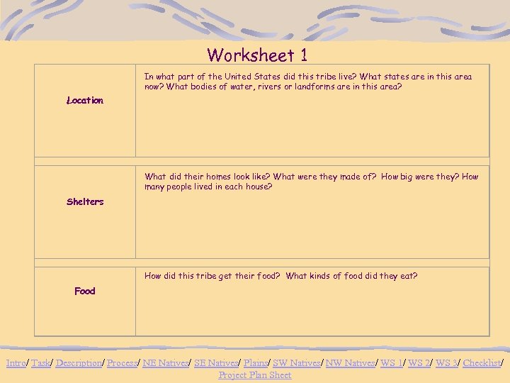 Worksheet 1 Location Shelters In what part of the United States did this tribe