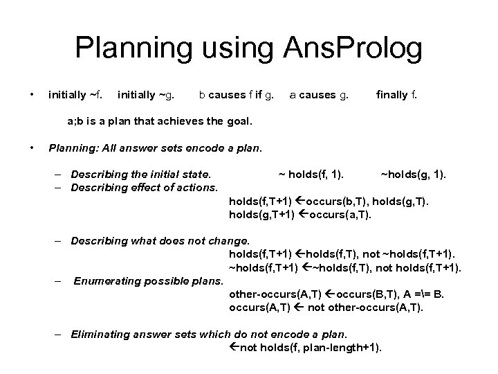 Planning using Ans. Prolog • initially ~f. initially ~g. b causes f if g.