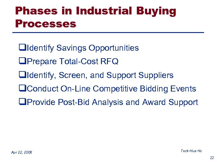 Phases in Industrial Buying Processes q. Identify Savings Opportunities q. Prepare Total-Cost RFQ q.