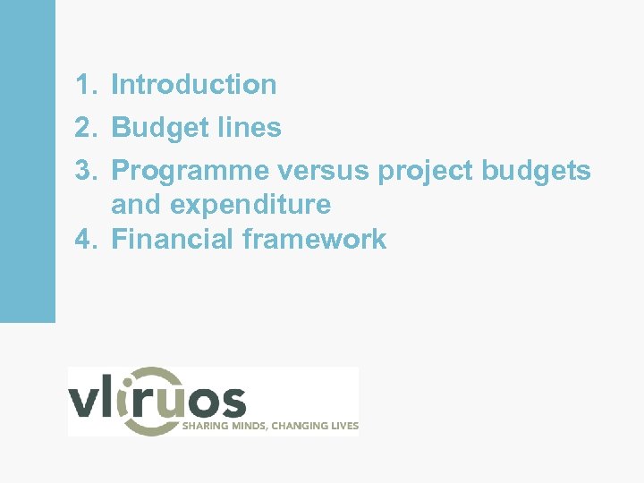 1. Introduction 2. Budget lines 3. Programme versus project budgets and expenditure 4. Financial