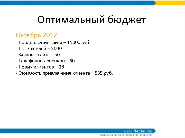 Оптимальный бюджет Октябрь 2012 - Продвижение сайта – 15000 руб. - Посетителей – 3000