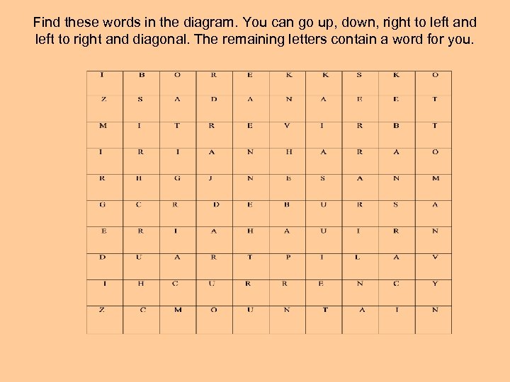 Find these words in the diagram. You can go up, down, right to left