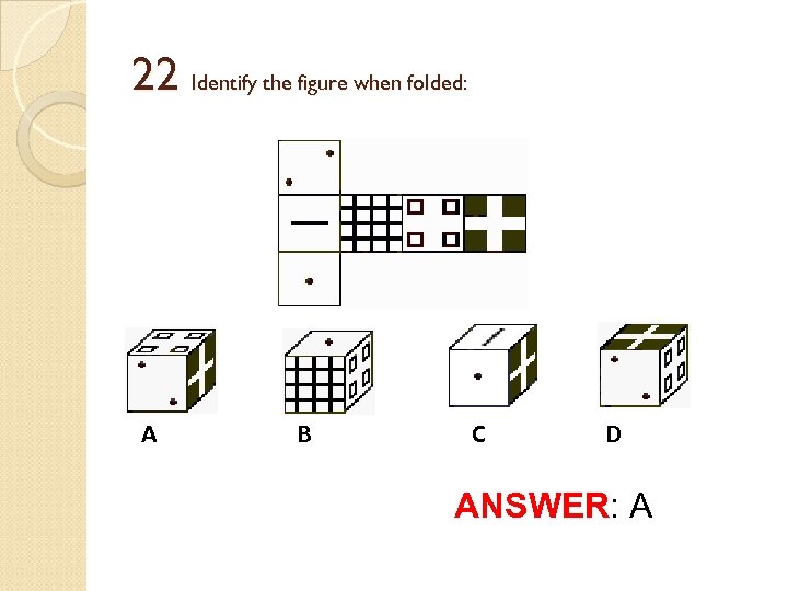 22 Identify the figure when folded: A B C D ANSWER: A 